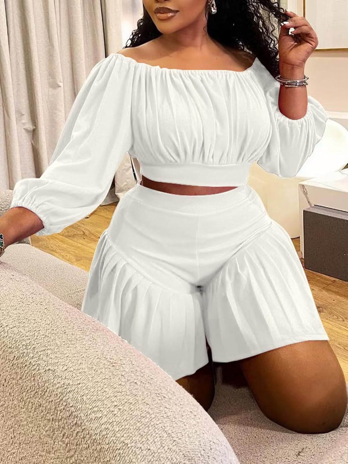 Women's Plus Size 2 Piece Outfits Off Shoulder Long Lantern Sleeve Crop Top and Ruffle Shorts Set - Image 3