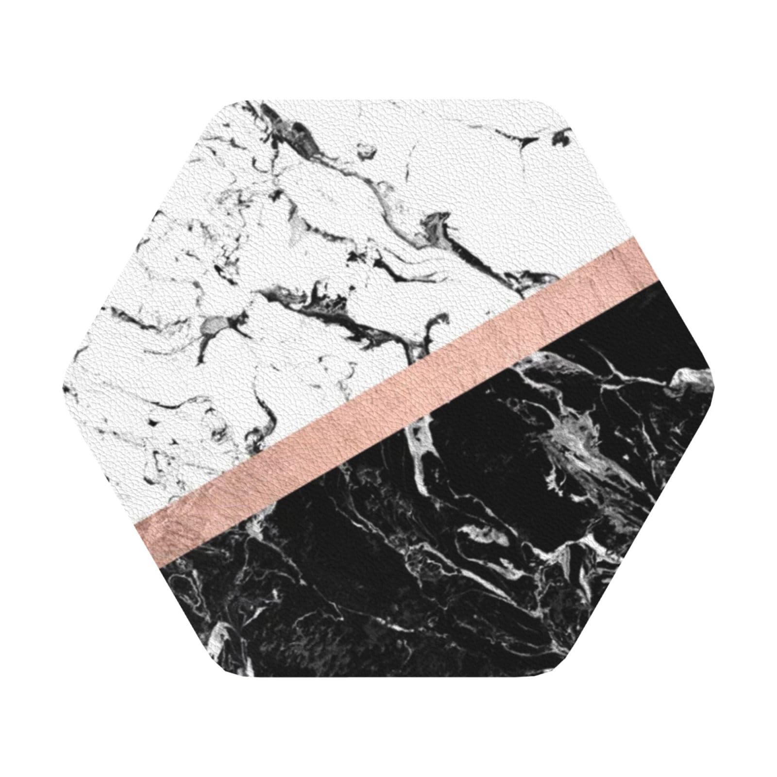 Black White Marble PU Leather Coasters Set of 6 Hexagon Drink Coasters