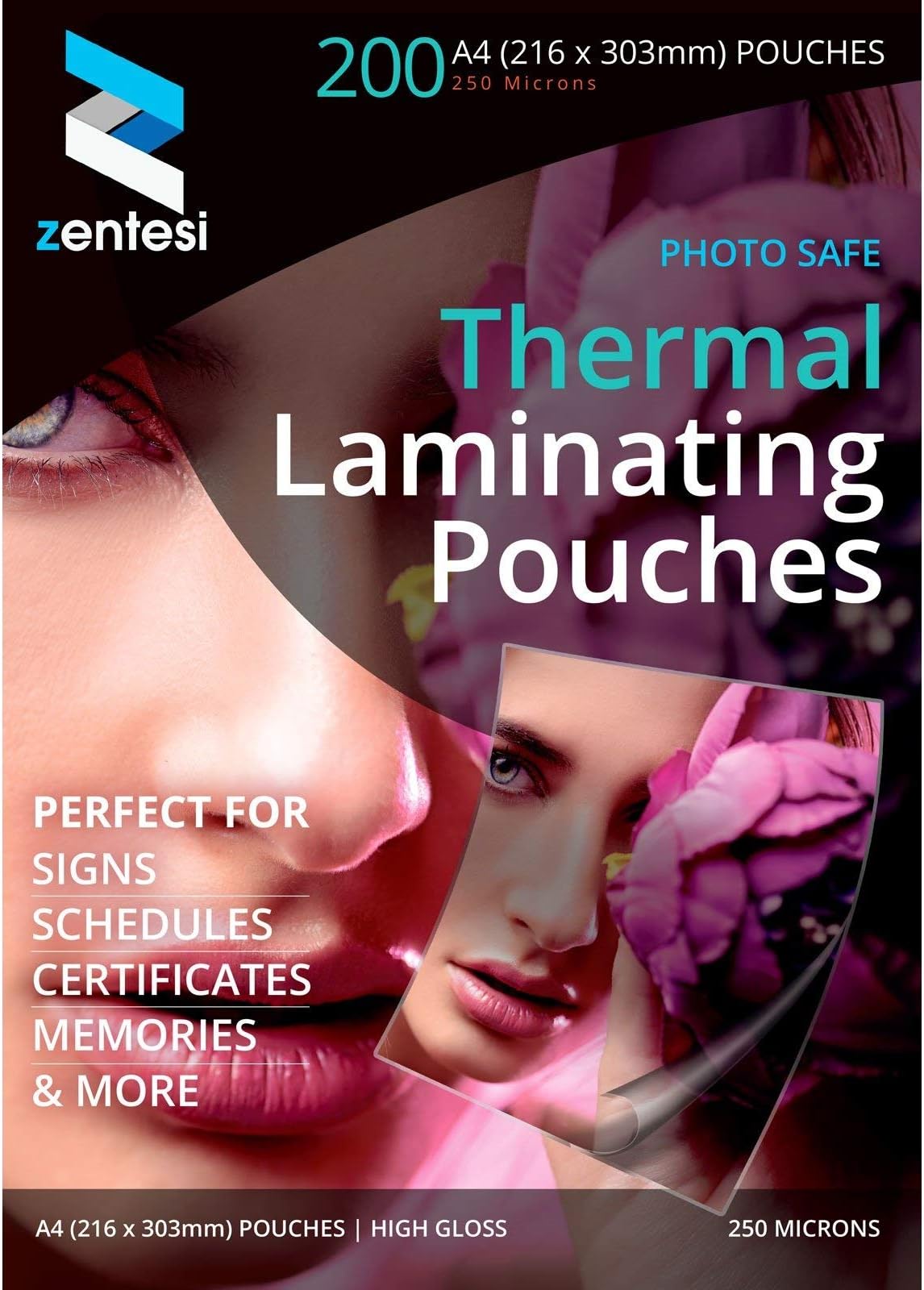 Zentesi A4 Laminating Pouches High Gloss Laminator Sleeves 250 Micron (125 + 125 Microns) Glossy Laminate Pouch Sheets - Pack of 200