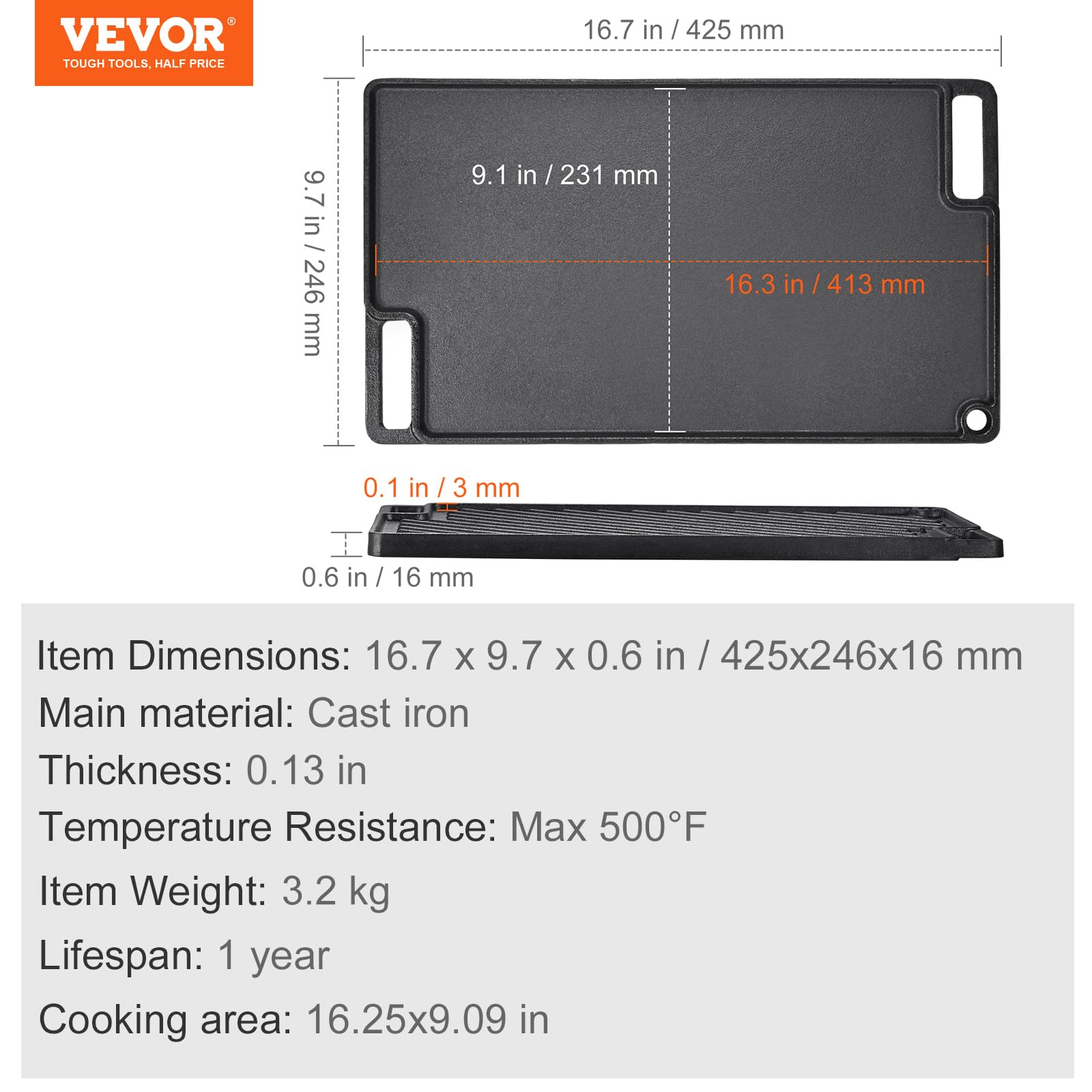 VEVOR Plaque à Griller Pré-assaisonnée Réversible 425x246 mm Plancha Gril Rectangulaire en Fonte Anti-adhésive Plaque de Cuisson Épaisseur 3,3 mm pour Gazinière Cuisinière à Gaz à 2 Brûleurs Barbecue