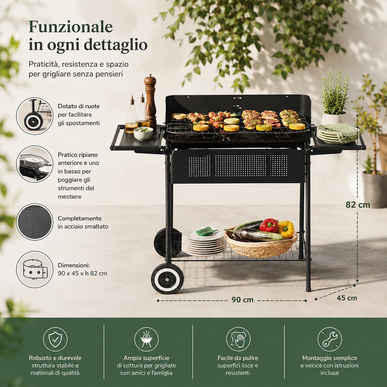 Barbecue a Carbonella in Acciaio con Ruote 90x45x82 cm | Barbecue in acciaio smaltato con griglia, ruote e doppi ripiani porta utensili per grigliate all'aperto.