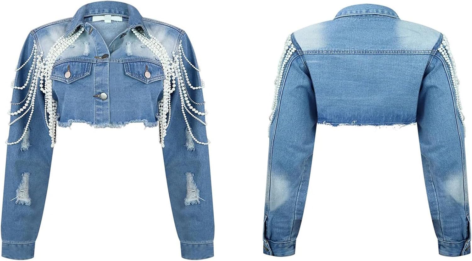 Lucuna Women's Cropped Denim Jacket Long Sleeve Trendy Pearl Distressed Crop Top Jean Jacket Coat - Image 6