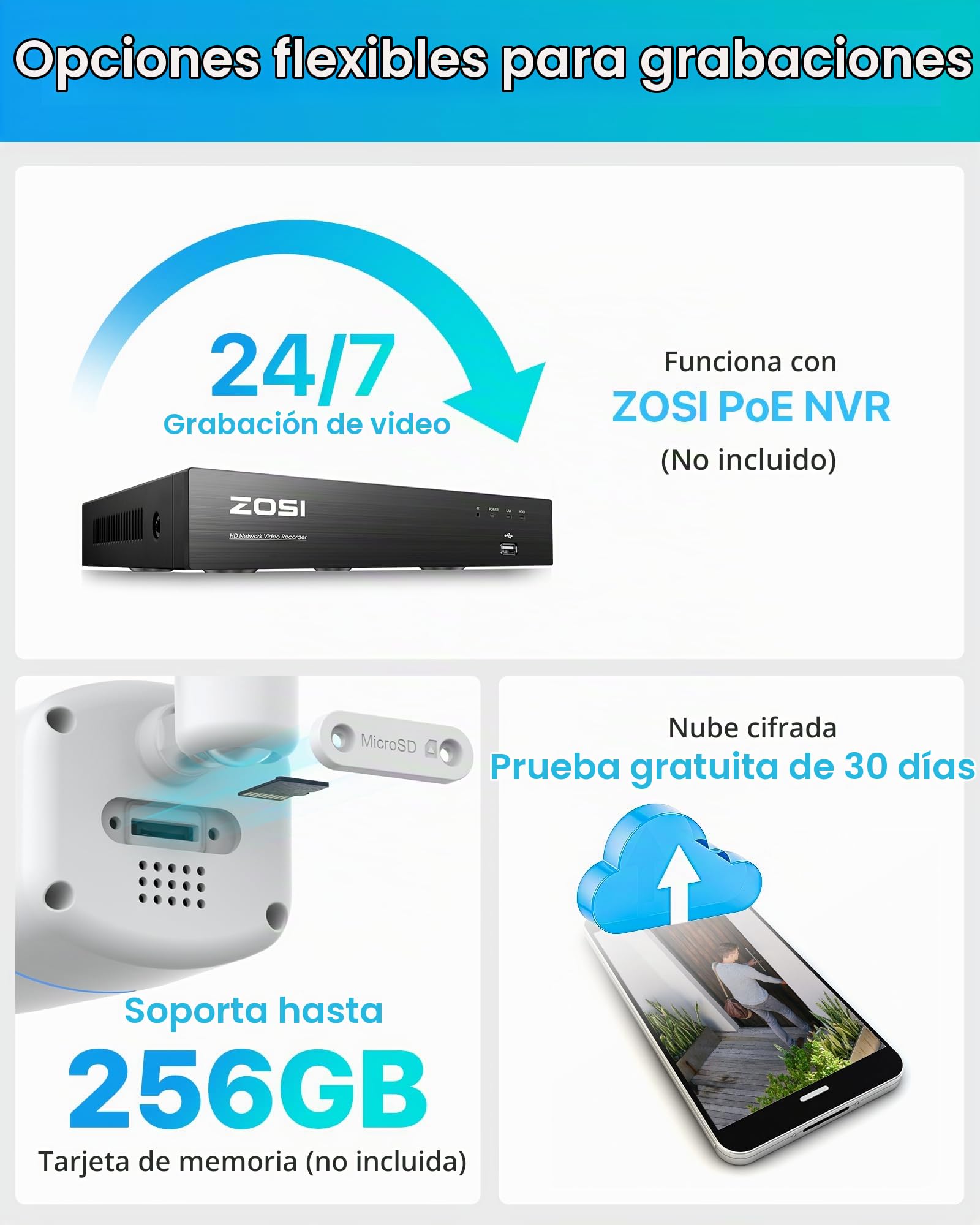 ZOSI C186 3K Cámara Vigilancia PoE Exterior, con Visión Nocturna Aurora a Todo Color, Detección de Persona/Vehículo, Alarma Sonora y Luminosa, Audio Bidireccional, Almacenamiento Opcional