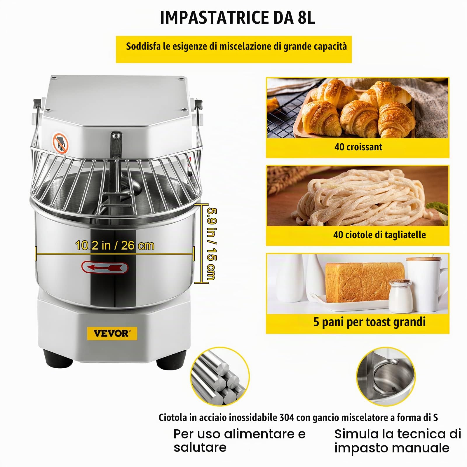 VEVOR Robot da cucina impastatrice, Impastatrice in acciaio inox 8L ca., Potenza nominale 550 W, Velocità 159 giri/min, Vasca in acciaio inox, Impastatrice timer per panifici, ristoranti, pizzerie