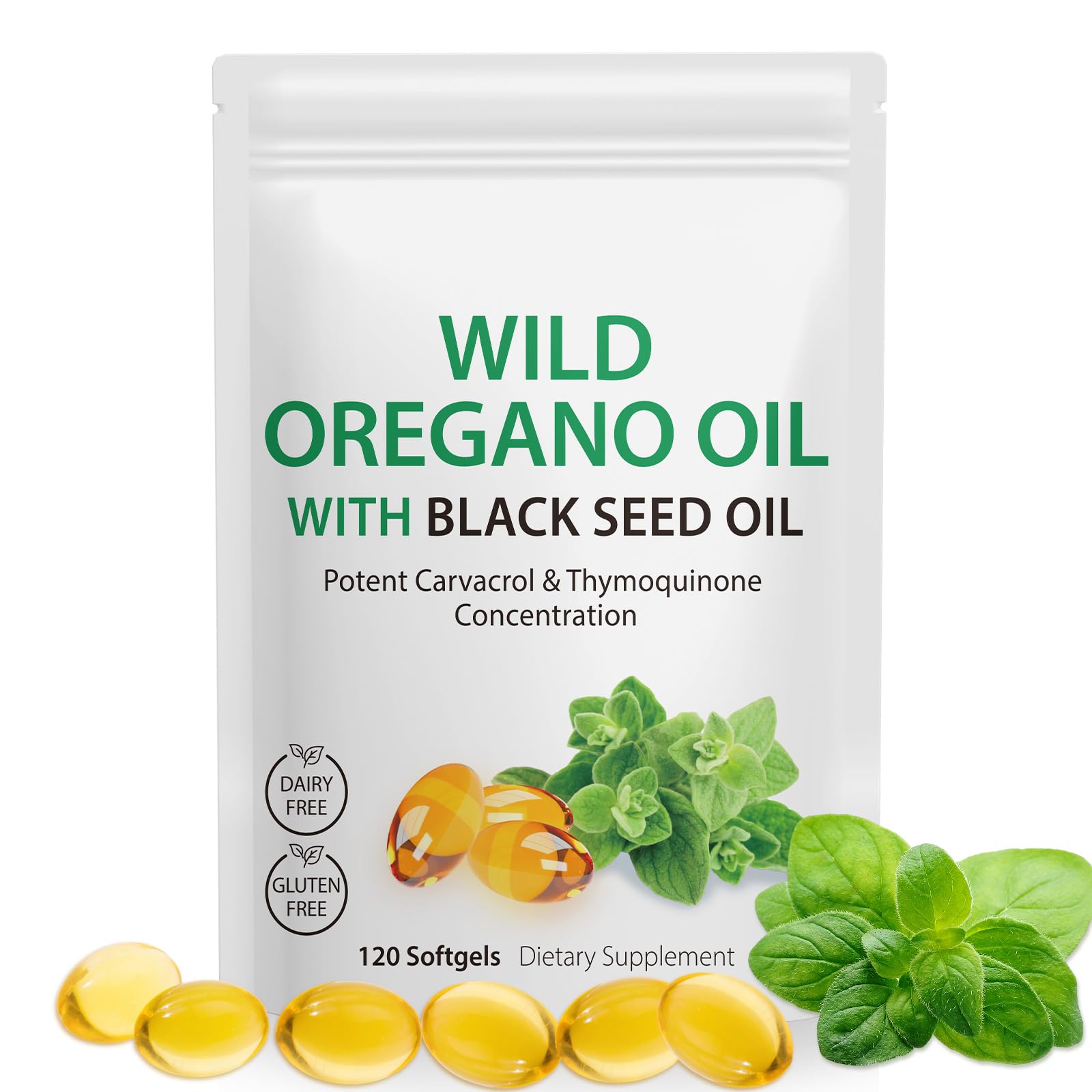 NenMaoKeNu Oil of Oregano Softgels, Naturally Occurring Carvacrol & Thymoquinone, 2 in 1 Formulated with Black Seed Oil 200mg, Oregano Oil Supplement Capsules for Immune Support - 120 Count White 120 Count (Pack of 1)