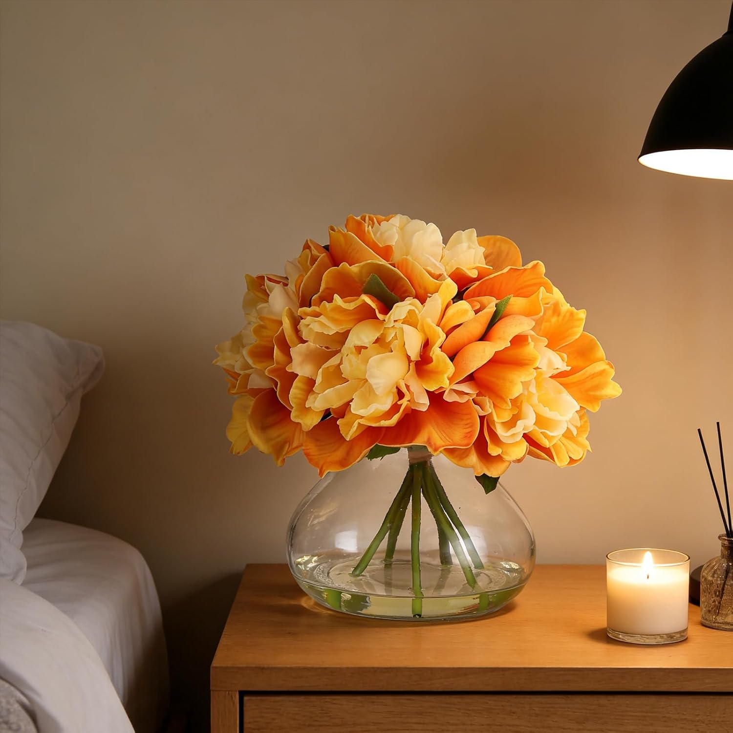 Orange Faux Peonies Flowers with Glass Vase, Silk Artificial Peony Flower Arrangement with Vivid Water, Fake Flowers in Vase for Table Centerpieces, Shelf Bathroom Decor, Home & Wedding Decoration - Image 9