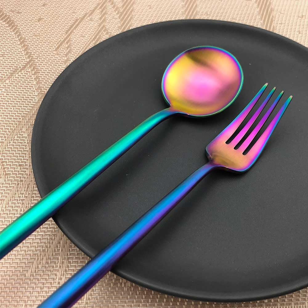 Creative Flatware Sets 6-Pieces Rainbow Plated 18/10 Stainless Steel Spoons Knives and Forks Set, Silverware Service for 1