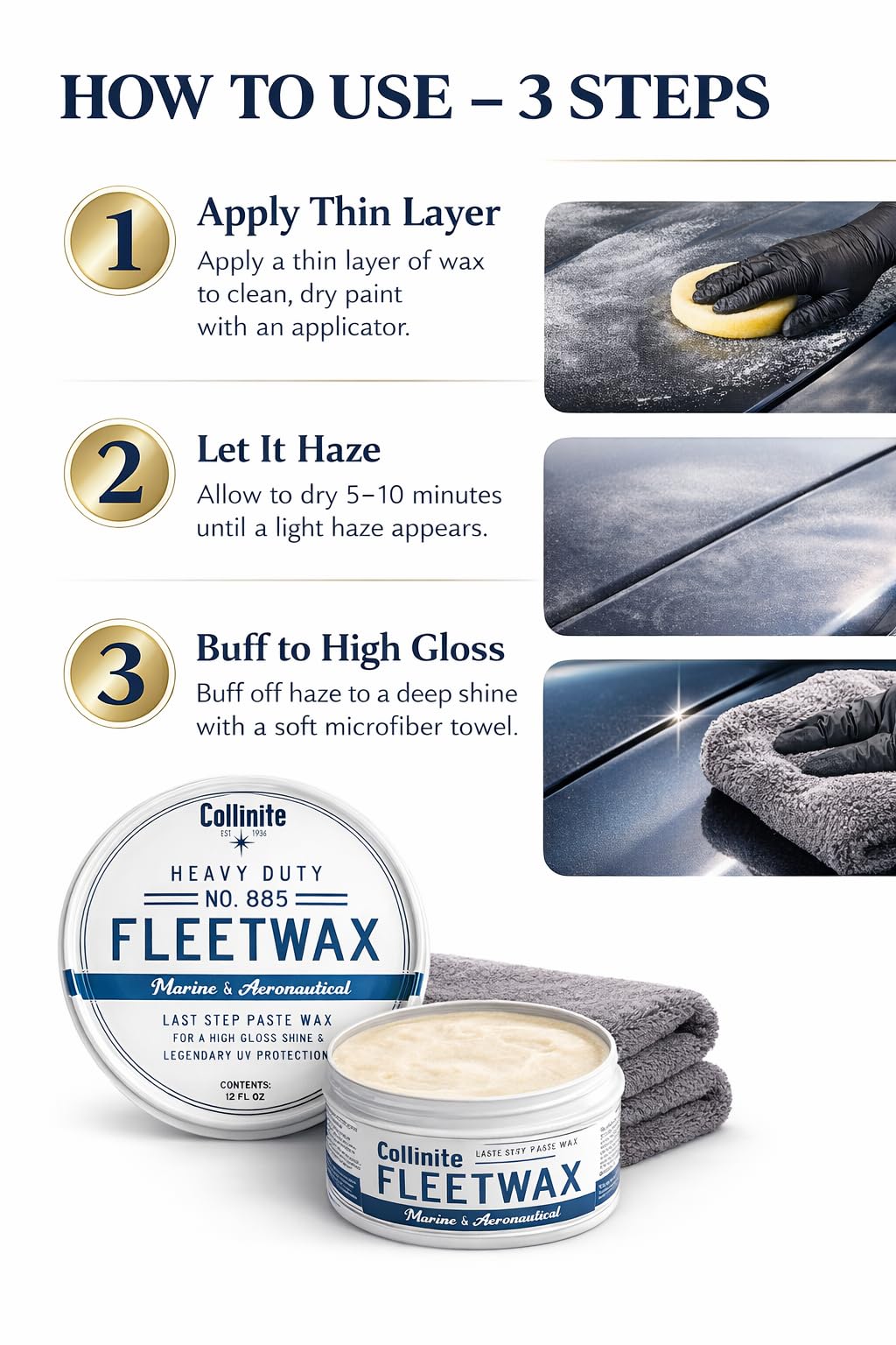 Collinite No. 885 Fleetwax Pasta 16 oz (473 ml) – Cera di alta qualità per barche, yacht e automobili, protezione da sale, UV e acqua + panno in microfibra 40 x 40 cm e tampone applicatore Fiwiko