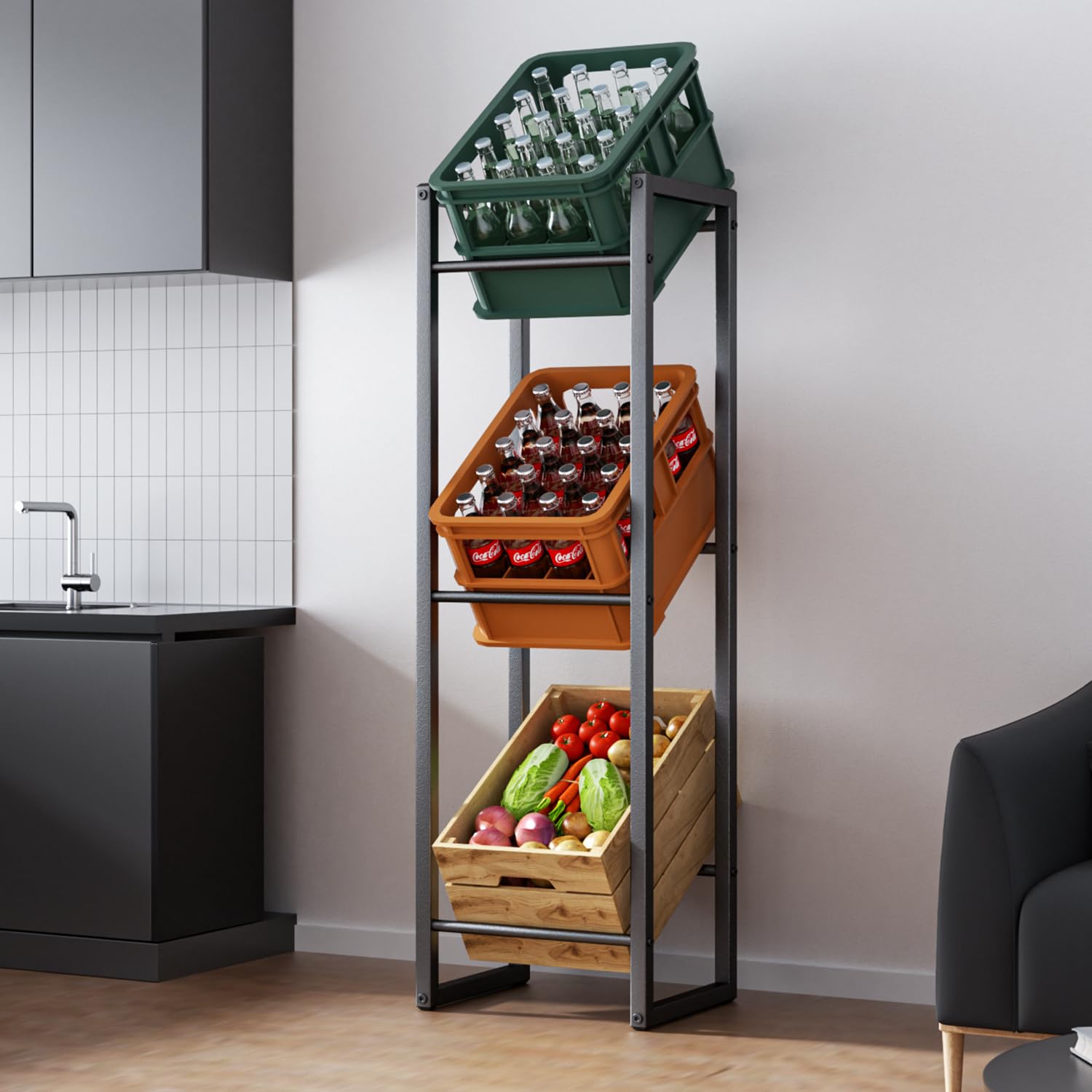 Schmales Getränkekistenregal 3 Kisten, 39x30x140 cm Stabiles Getränkeregal trag. 350KG, Platzsparendes Metall Wasserkistenregal Bierkistenregal mit Verstellbaren Füßen, Kistenregal für Küche, Bar