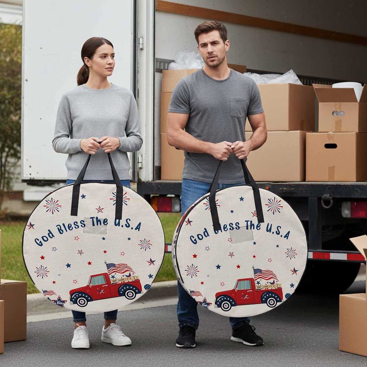 Independence Day Round Storage Bag 36 Inch, USA Flag Red Truck Linen Clothes Storage Container with Handles Heavy Duty Organizer for Comforter, Bedding & Holiday Wreaths