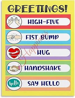 Morning Greetings Classroom Rules Poster SEL | Wave smile hello, raise hand wait turn, kindness wall print(Unframed,08x12inch(20x30cm))