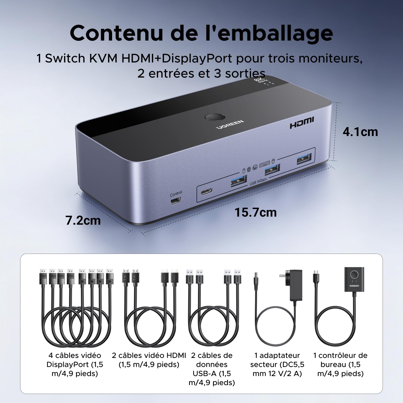 UGREEN Switch KVM HDMI+DP 2 Entrées 3 Sorties 8K 60Hz pour 2 Affichage | Commutateur KVM USB 3A +1C 3.0 5Gbps pour Clavier Souris Disque Dur Contrôleur de Bureau Câbles HDMI+DP+USB Inclus