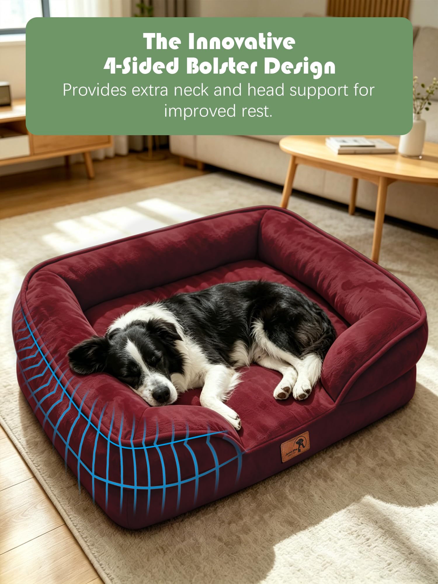 Spotted Play Orthopedic Dog Bed with Sides - Sofa Beds for Large Dogs, Supportive Foam Pet Couch Bed with Washable Removable Cover, Waterproof Lining and Non-Slip Bottom, Burgundy - L view 5
