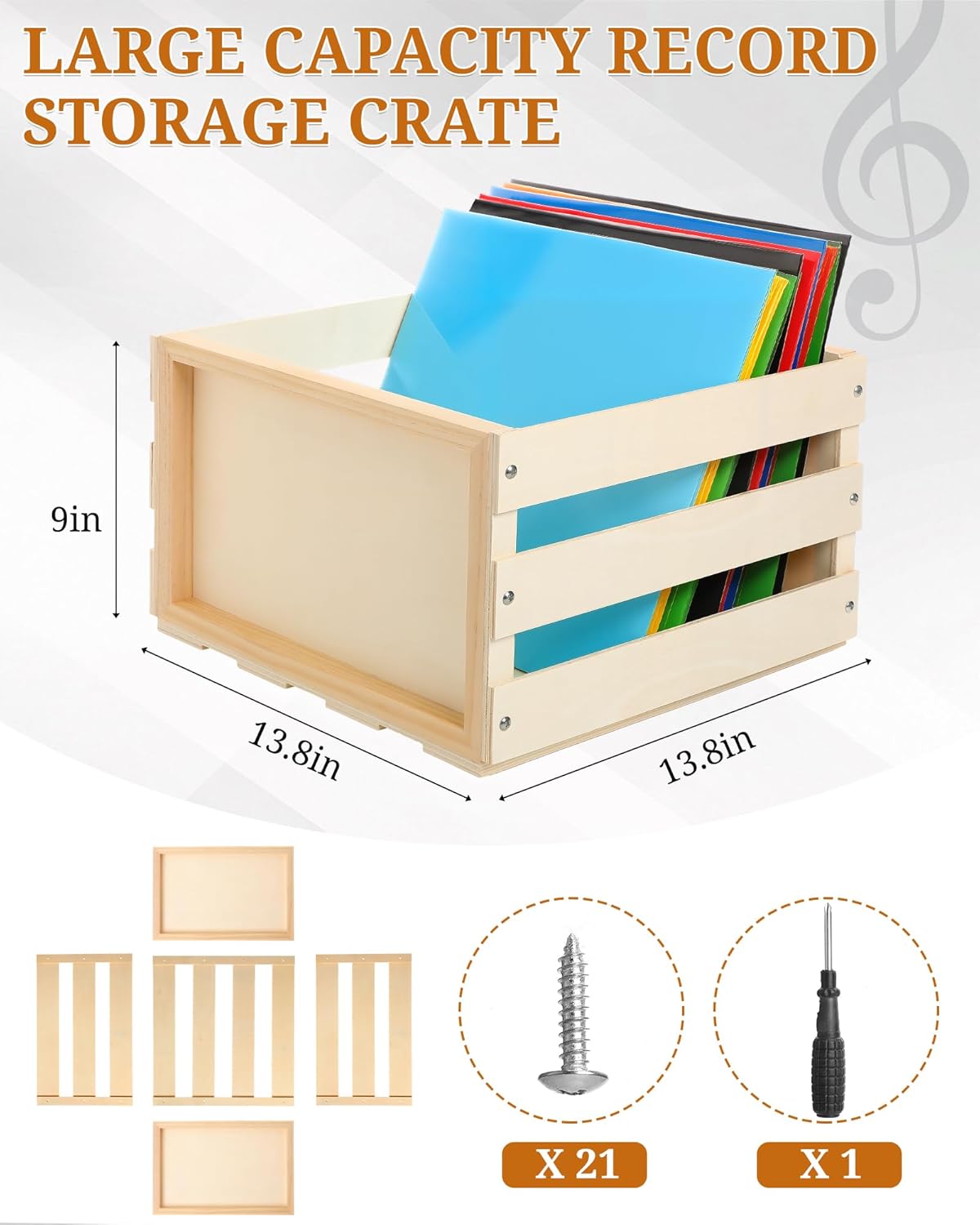 Vinyl Record Storage Crate with 50 Pack Clear Plastic Record Outer Sleeves and Vinyl Cleaning Kit Wooden LP Album Holder Cleaner Solution Album Protection