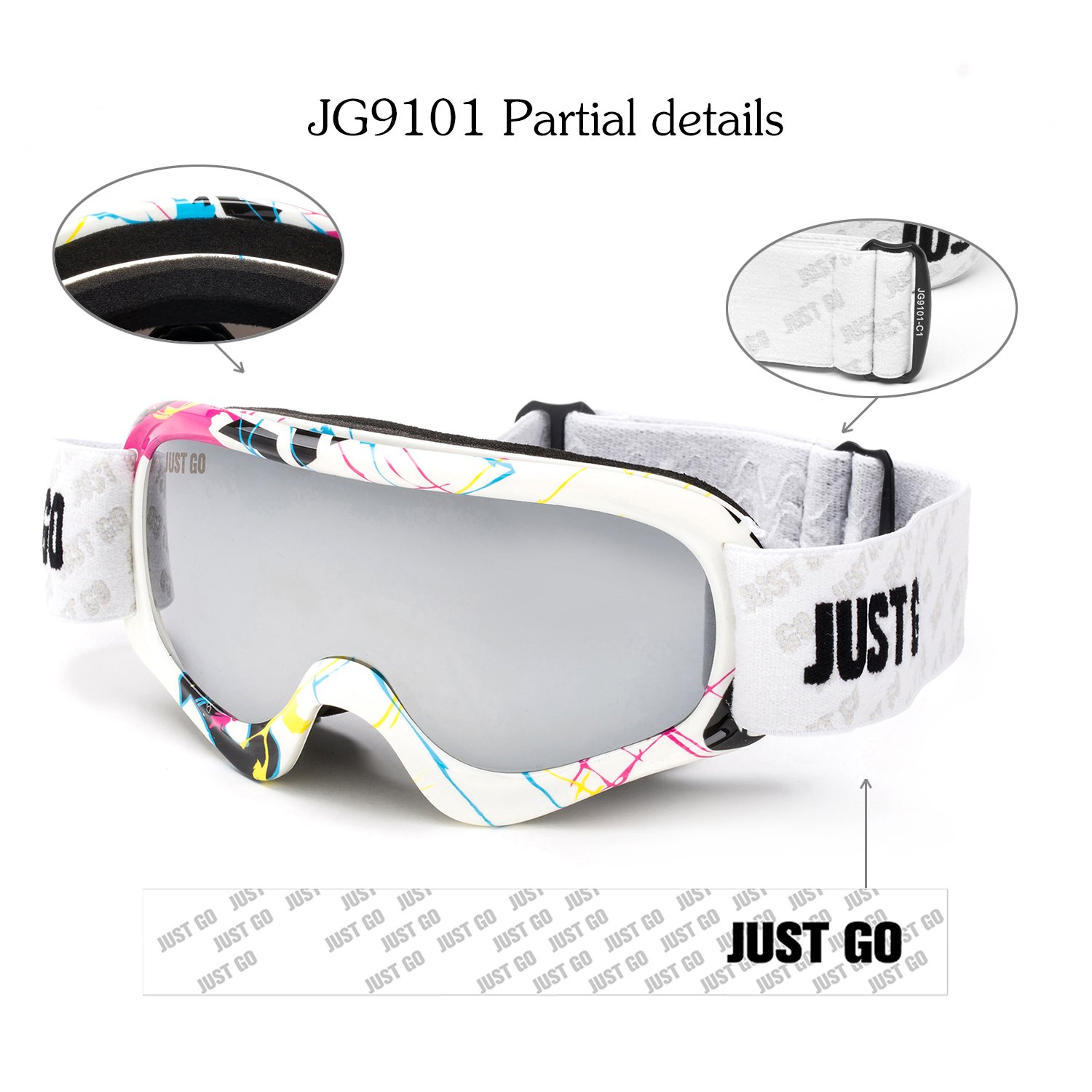 JUST GO Gogle narciarskie dla dzieci z etui EVA, gogle snowboardowe, przeciwmgielne, dwuwarstwowe soczewki ochronne UV 400, dla chłopców i dziewczynek, wielokolorowa ramka, srebrne soczewki (VLT 13,2%