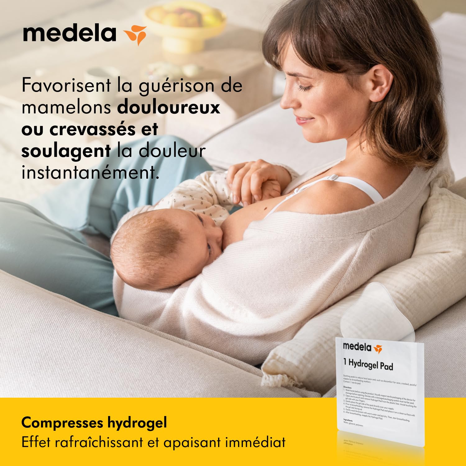 Medela Compresses hydrogel réutilisables, soulagement et rafraîchissement instantané pour mamelons douloureux ou crevassés, coussinets stériles, emballés individuellement, lot de 4