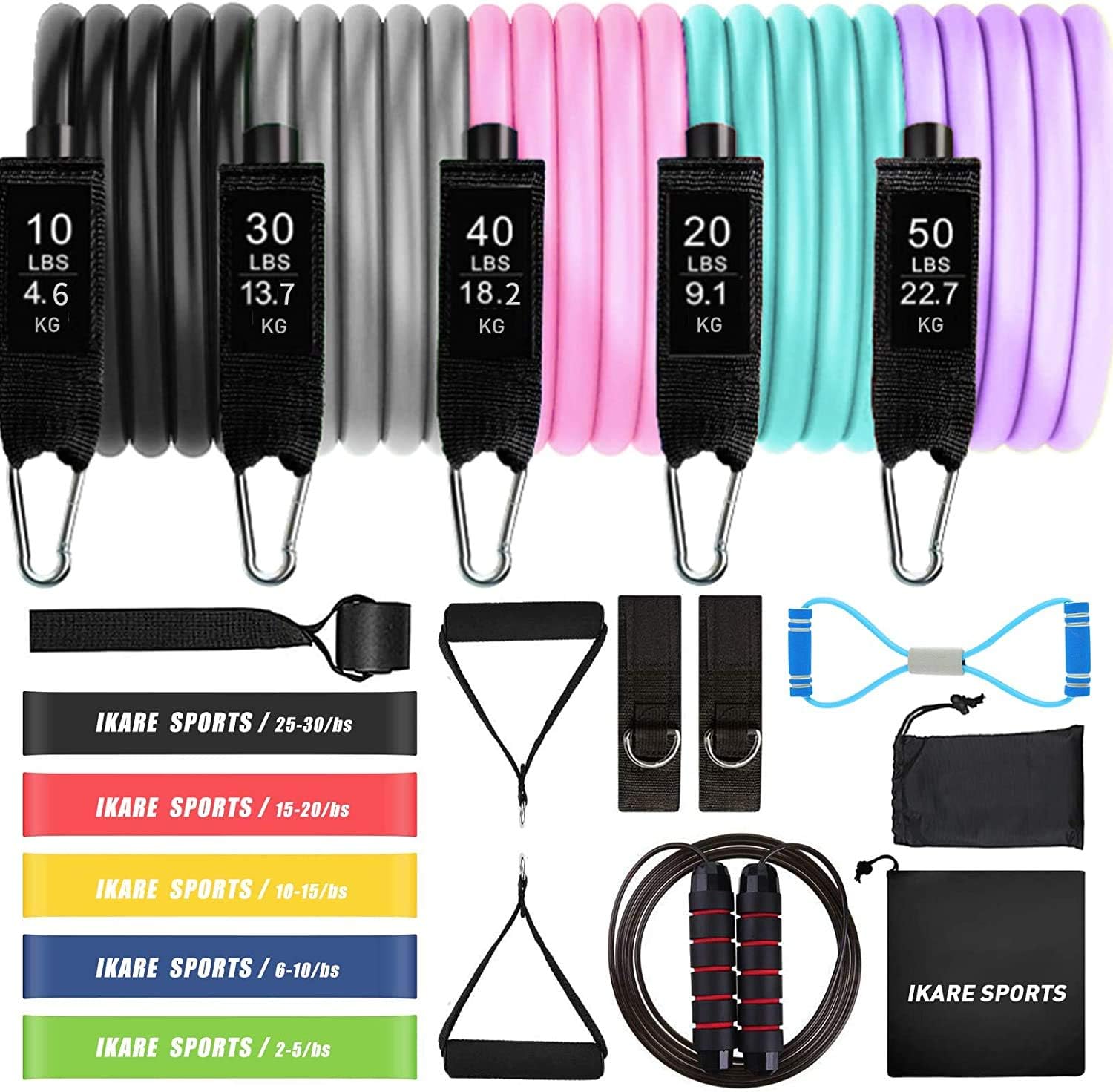 IKARE Resistance Bands Set, Exercise Bands Stackable up to 150lb Indoor/Outdoor Workout Bands with 8 Shape Resistance Bands for Fitness Yoga Home Gym Equipment for Women