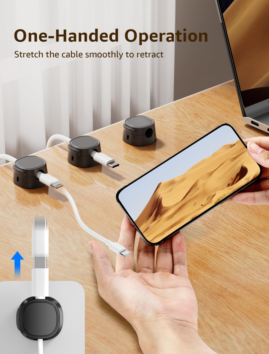 Clips magnéticos para cables, paquete de 12 unidades compactos [bloqueo de 1 segundo] soporte de cable [suave ajustable], soporte de cable de teléfono para mesita de noche, organizador de