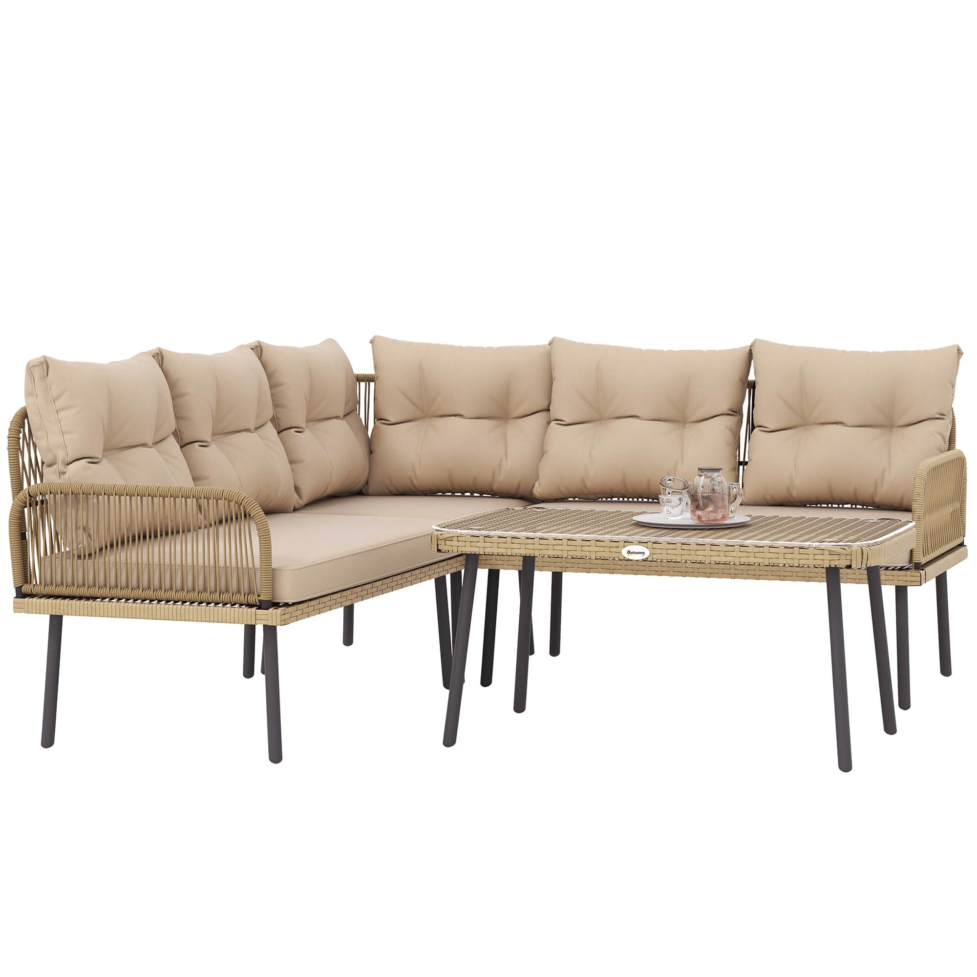 Outsunny Set di Mobili da Giardino in Rattan 4 Pezzi, Salotto da Esterno con 2 Divano a 2 Posti, Poltrona Angolare, Tavolino da Caffè in Vetro e Cuscini Lavabili, Struttura in Acciaio, Naturale/Beige