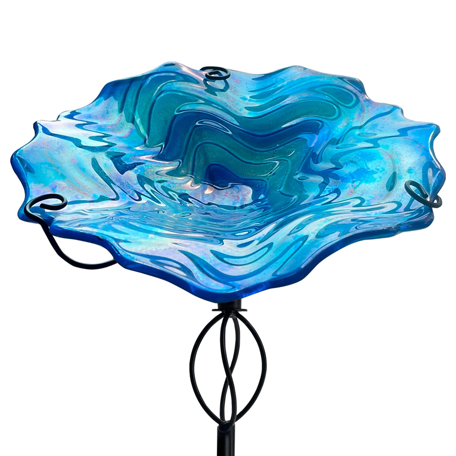 HONGLAND Bird Baths for Outside,11" Small Blue Glass Birdbaths Outdoor,Detachable Bird Feeder with Metal Stake for Garden Yard Patio Decor,32" Height