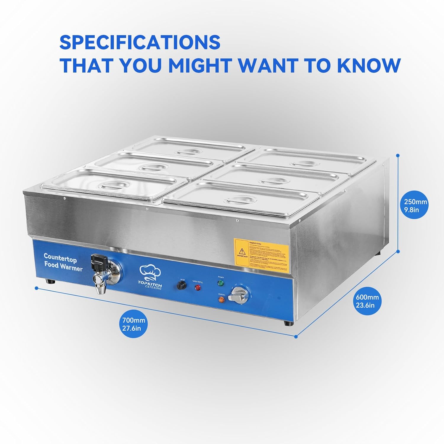 ETL Listed 6 Pan Commercial Food Warmer, Electric Bain Marie Countertop Stainless Steel Buffet Steam Table for Catering and Restaurants(6×1/3 GN Pan,120V/1700W)