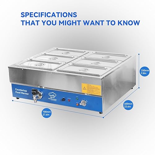 Miniatura 6 de Calentador de alimentos comercial de 6 bandejas, mesa de vapor eléctrica de acero inoxidable para encimera Bain Marie para catering y restaurantes