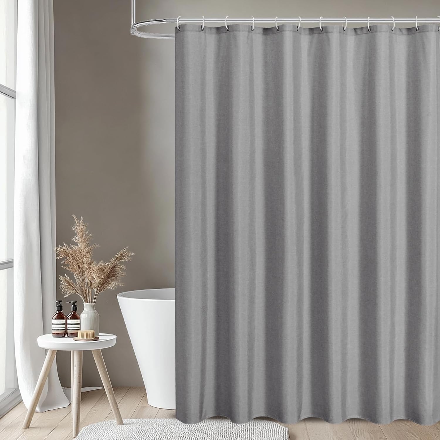 2-in-1 Waterproof Long Fabric Shower Curtain or Liner,Linen Textured,78 Inch Breathable TPU & Washable Bathroom Shower Curtain Set with 12 Plastic Hooks,Modern,72"x78" Grey