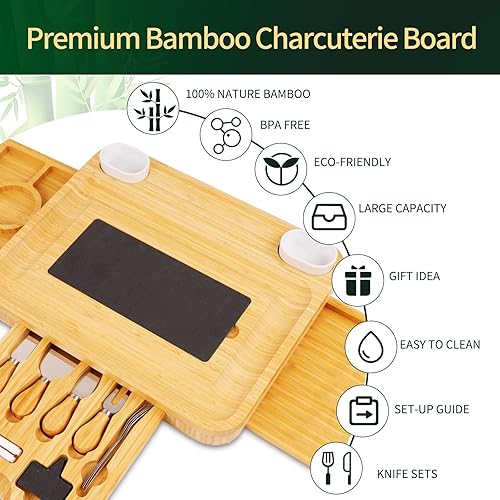 Miniatura 3 de Juego de tabla de queso grande para charcutería y cuchillos, 3 cajones de cocina charcutería y bandeja grande para servir, inauguración de la casa,