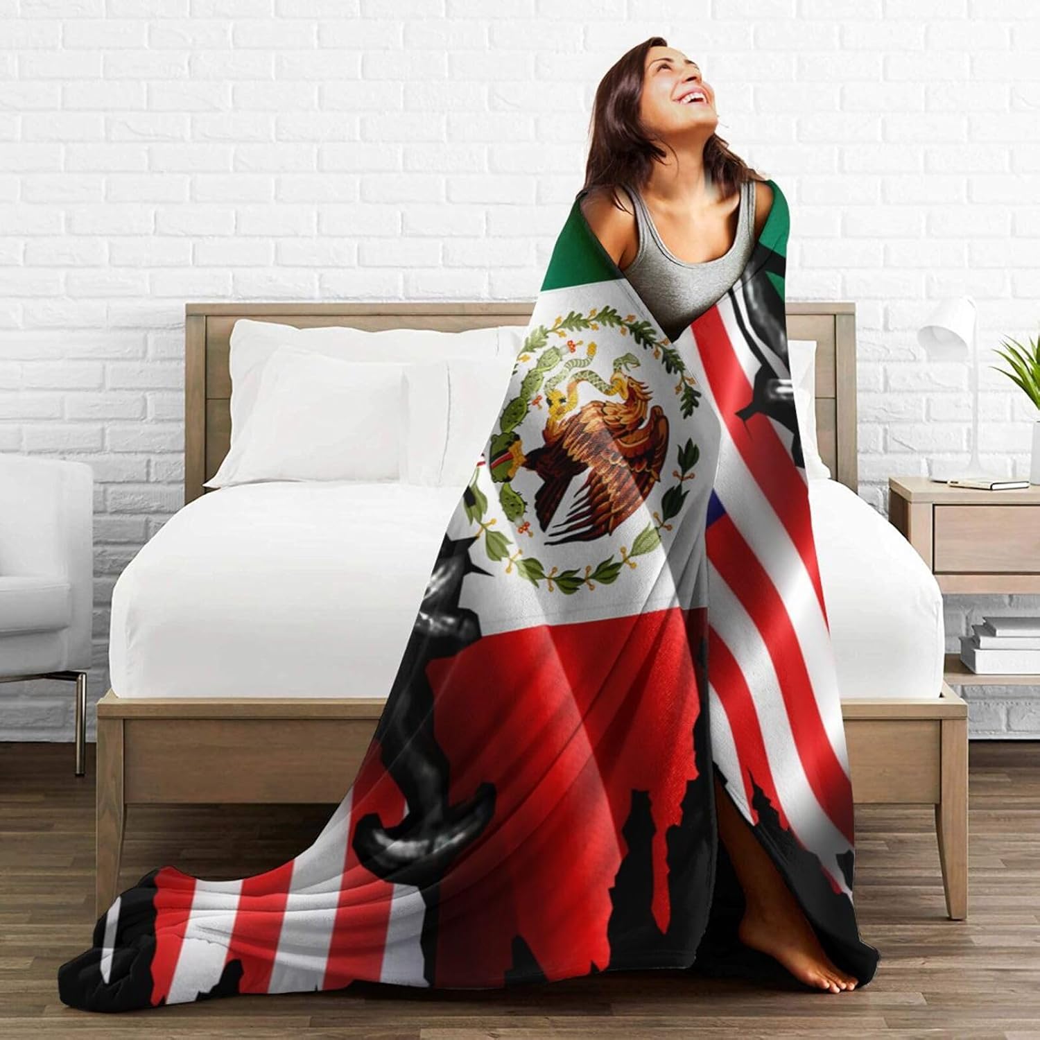 USA America Mexico Mexican Flag Theme Throw Blanket, Cozy Flannel Fleece Winter Blankets for Bed Sofa and Couch60 x50