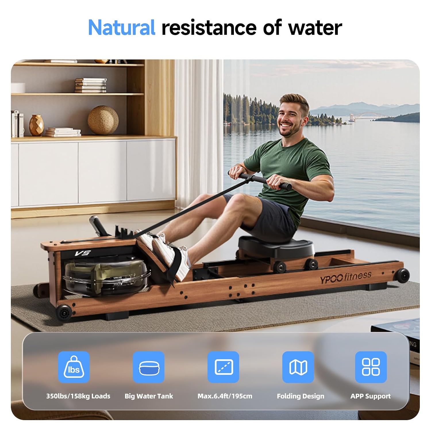 YPOO Water Rowing Machine for Home, Foldable Rower Machines with Comfortable Seat and Quick-folding Design, Wooden Water Rower with 350LBS Weight Capacity - Image 2