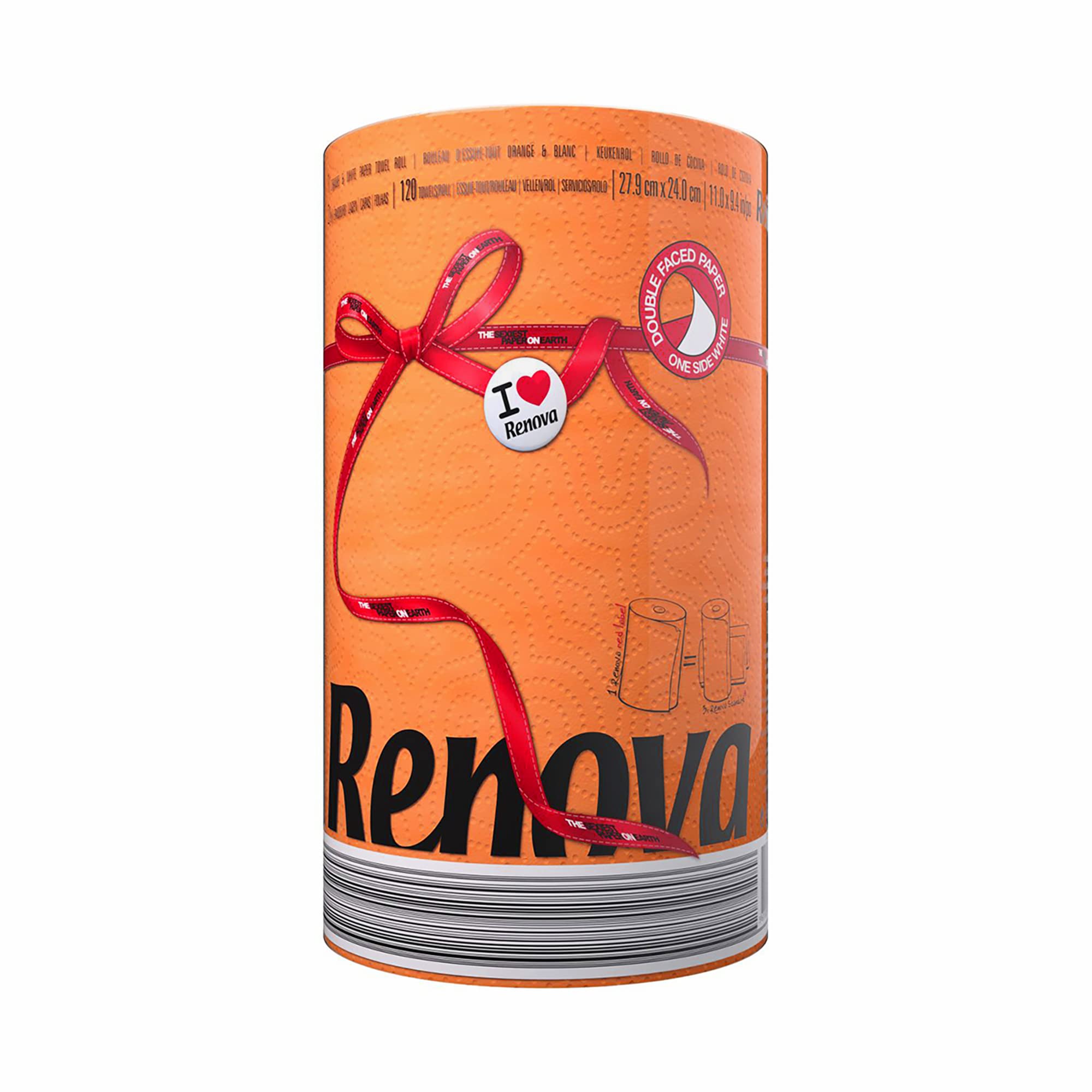 Renova Orange Kitchen Roll Paper Towel – 1 XXL Roll, 2-Ply Ultra Absorbent Double-Faced Paper – Soft, Strong & Colourful for Stylish Kitchen Use