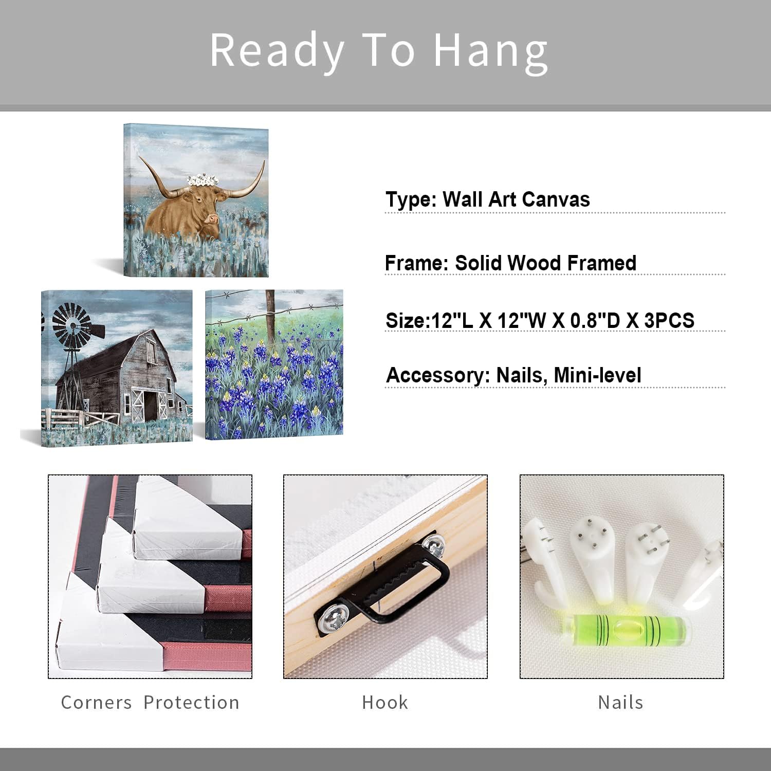 Conipit Texas Farm Canvas Wall Art Farmhouse Landscape Paintings Windmills Bluebonnets Pictures Art Wall Decor Framed for Living Room Home Decor 12"x12"x3Pcs