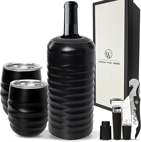 Juego de 2 vasos de vino aislados con tapa, enfriador de botellas de vino y accesorios de vino, tapón, aireador, vertedor, sacacorchos, regalos