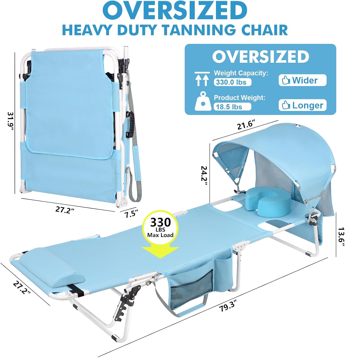 oversized extra wide tanning chair with sun canopy face hole padded adjustable washable, heavy duty layout folding lounge chair for outside beach reading sunbathing, upf 50+, xl, plus size, 330 lbs blue oversized
