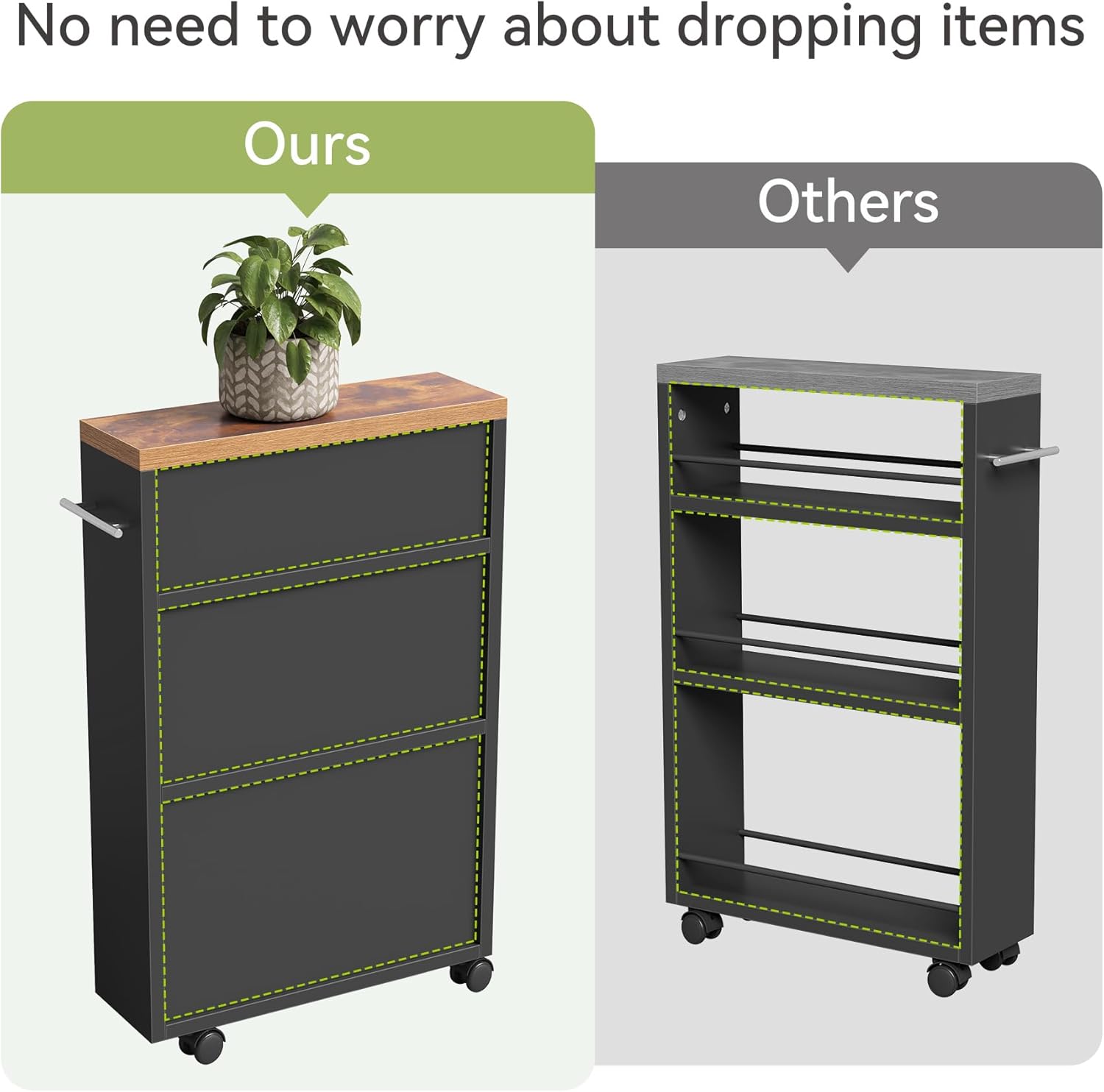 LITTLE TREE Slim Rolling Storage Cart, 3 Tier Snack Cart with Wheels for Kitchen, 6.3 Inch Wide Bathroom Organizer Shelves, Wooden Utility Cart for Laundry Room, Black