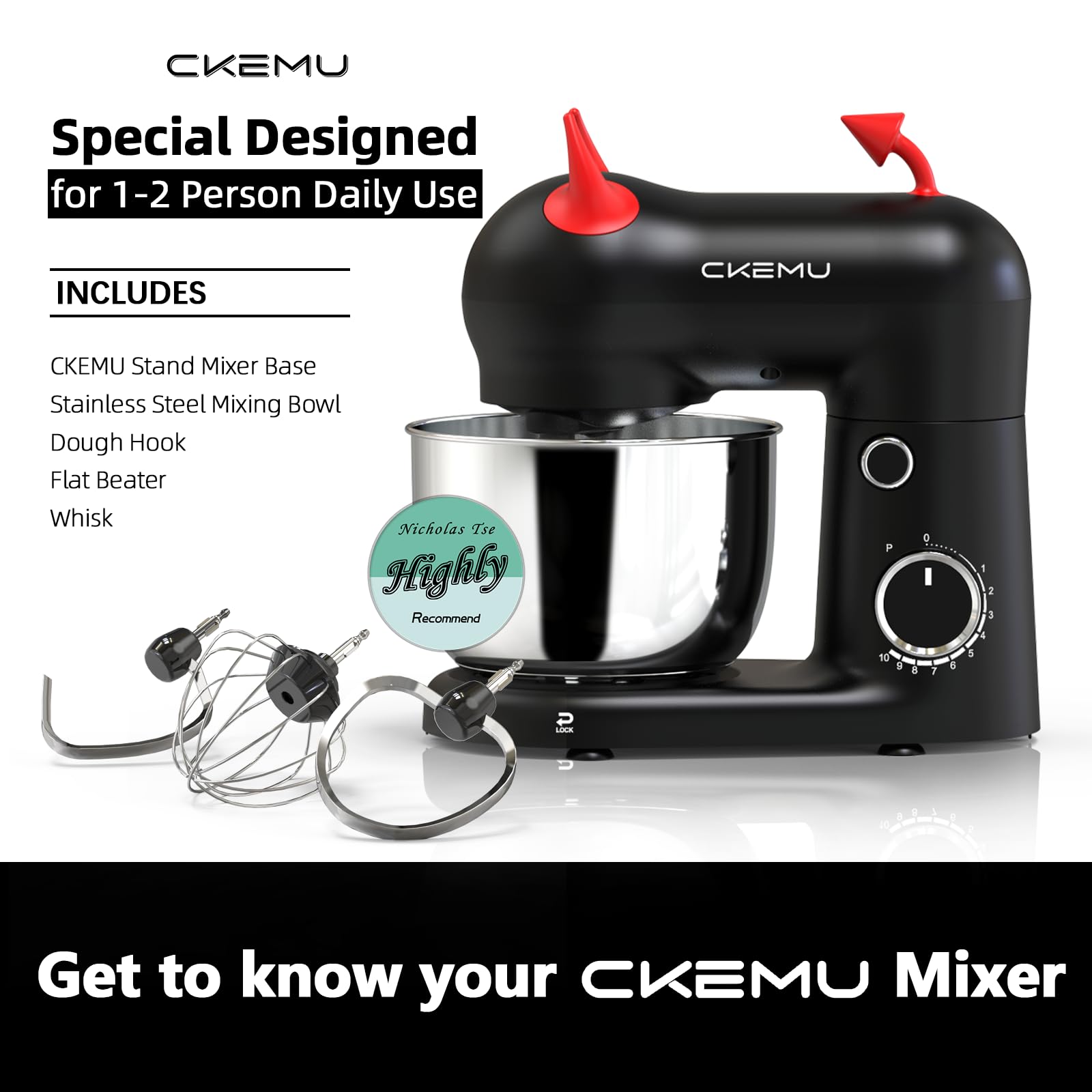 CKEMU Stand Mixer, Compact & Space-Saving, Stainless Steel Bowl, Unique & Playful Design, Effcient 300W Motor, Dishwasher-Safe Attachments view 7