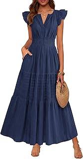 Womens Summer Maxi Dress 2026 Spring Boho Vacation Ruffle Flutter Short Sleeve A Line Tiered Flowy Dresses Pockets