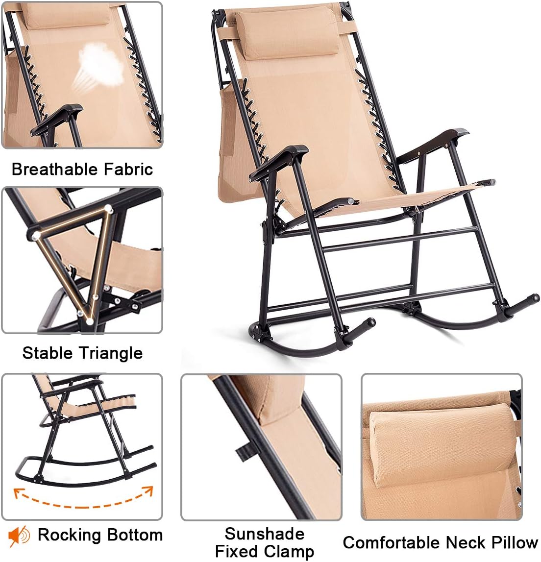 Goplus Folding Rocking Chair w/Shade Canopy, Portable Zero Gravity Recliner for Outdoor Lawn Beach Patio Pool