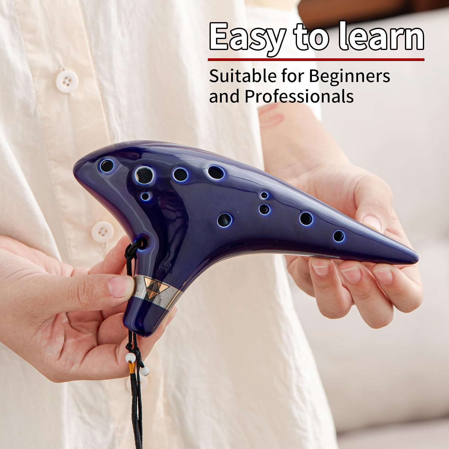 “Ocean Notes” 12 Hole Sweet Potato Ocarina Graceful Shape Pottery Ocarina in Alto C (Royal Blue)