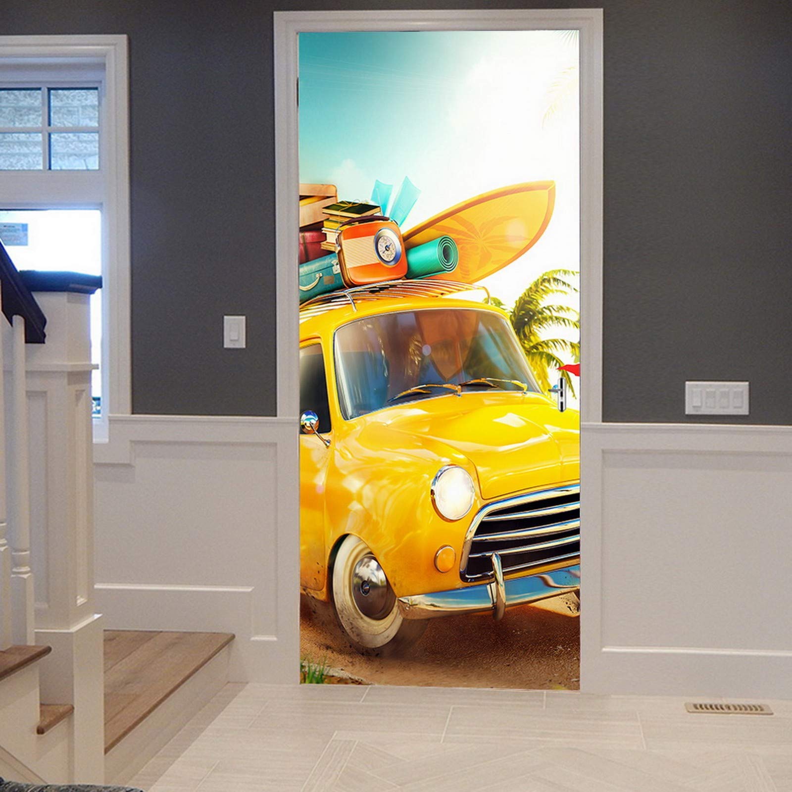 A.Monamour Adesivo Porta Autoadesiva Auto Retrò Con Tavola Da Surf E Valigie Su Una Spiaggia Con Palme Vinile PVC Adesivi per Porte Interne 3D Pellicola Adesiva Poster Sticker Murale Decorazione