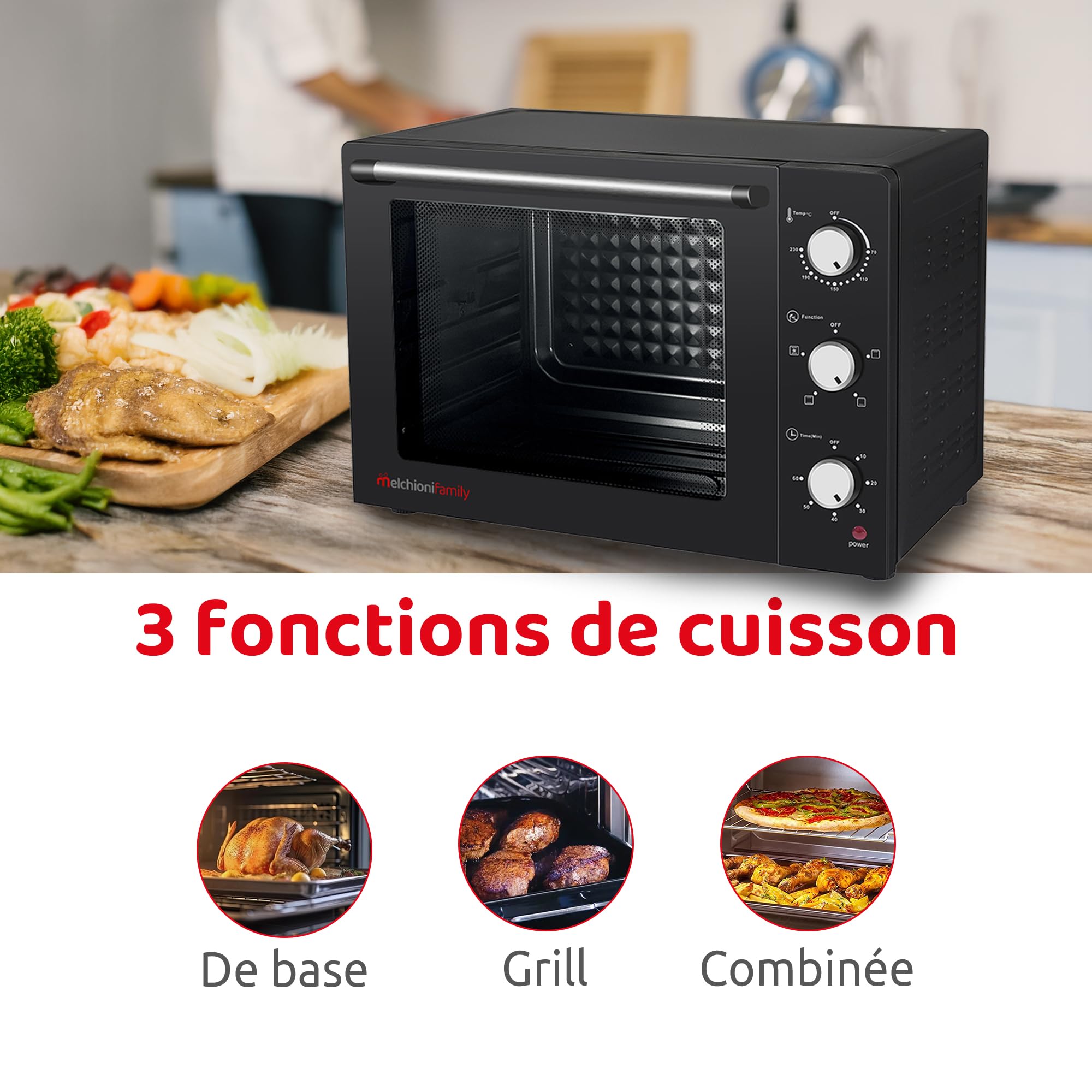 Melchioni Family | Four électrique Ventilé ENJOY, Four électrique avec Rôtisserie, Capacité 63 Litres, Température 230°, Puissance du Four à Pizza 2200 W, Mini Four Professionnel, 58 x 44 x 40.7 cm