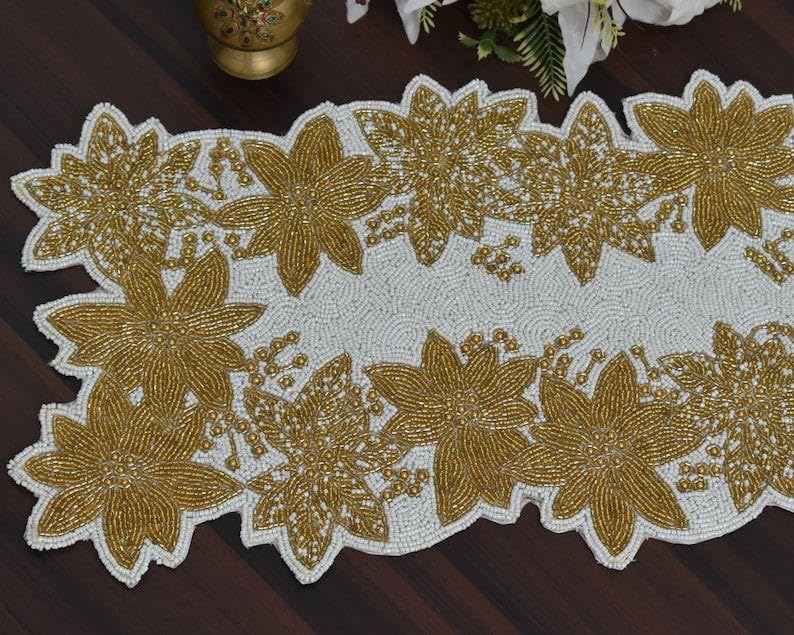 Image of Beaded Table Runner Cream Gold Elegant Handcrafted Decor Pack of 1 | 13 x 36 Inches | Perfect for Dining, Coffee Tables, Festive Celebrations, Weddings, Home & Office Decoration