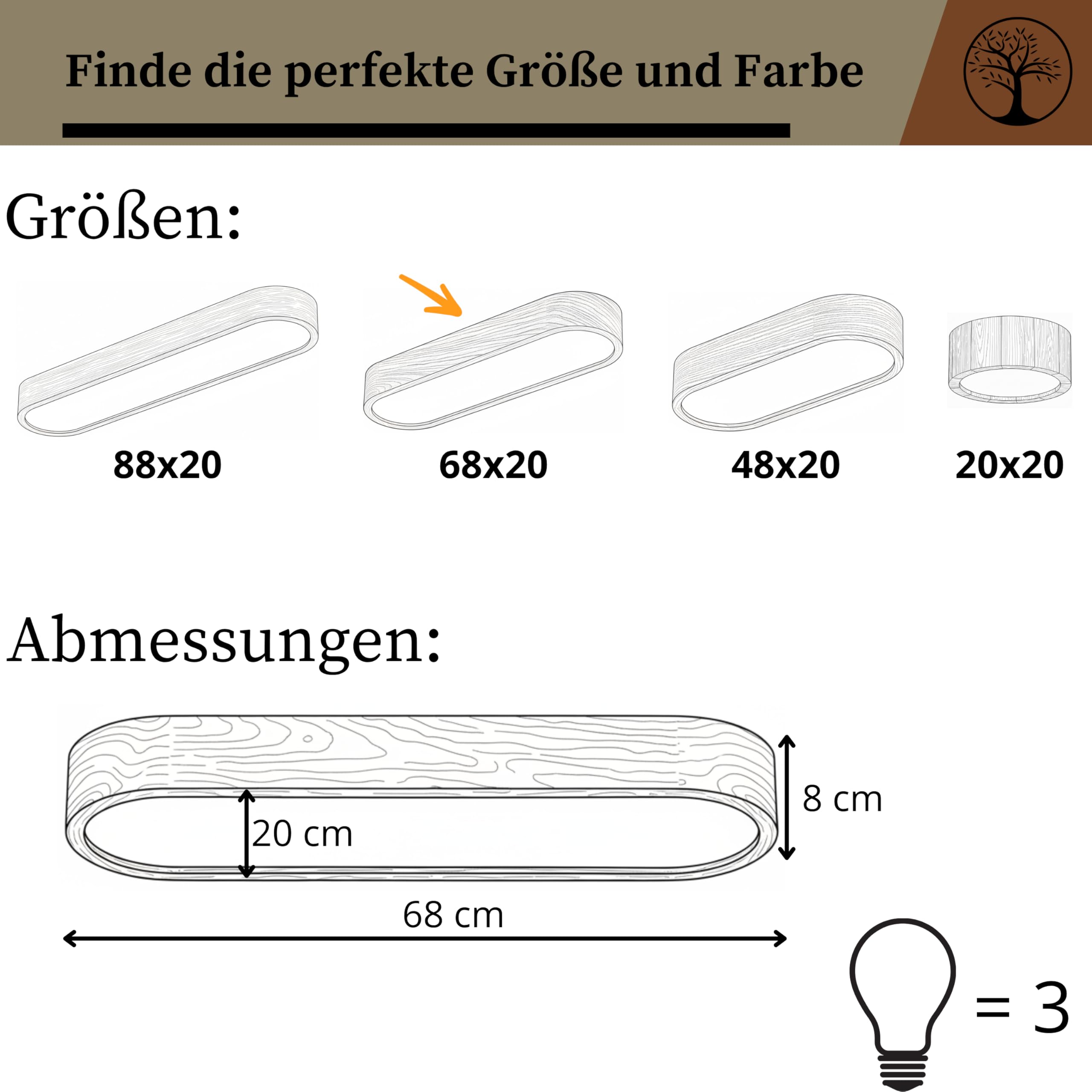 Deckenlampe - Oval Holz Deckenleuchte Eiche 3xE27 (68x20 cm) - Modern Beige Lampe für Schlafzimmer, Wohnzimmer, Flur, Küche - Stilvolle Eichenholz LEJA