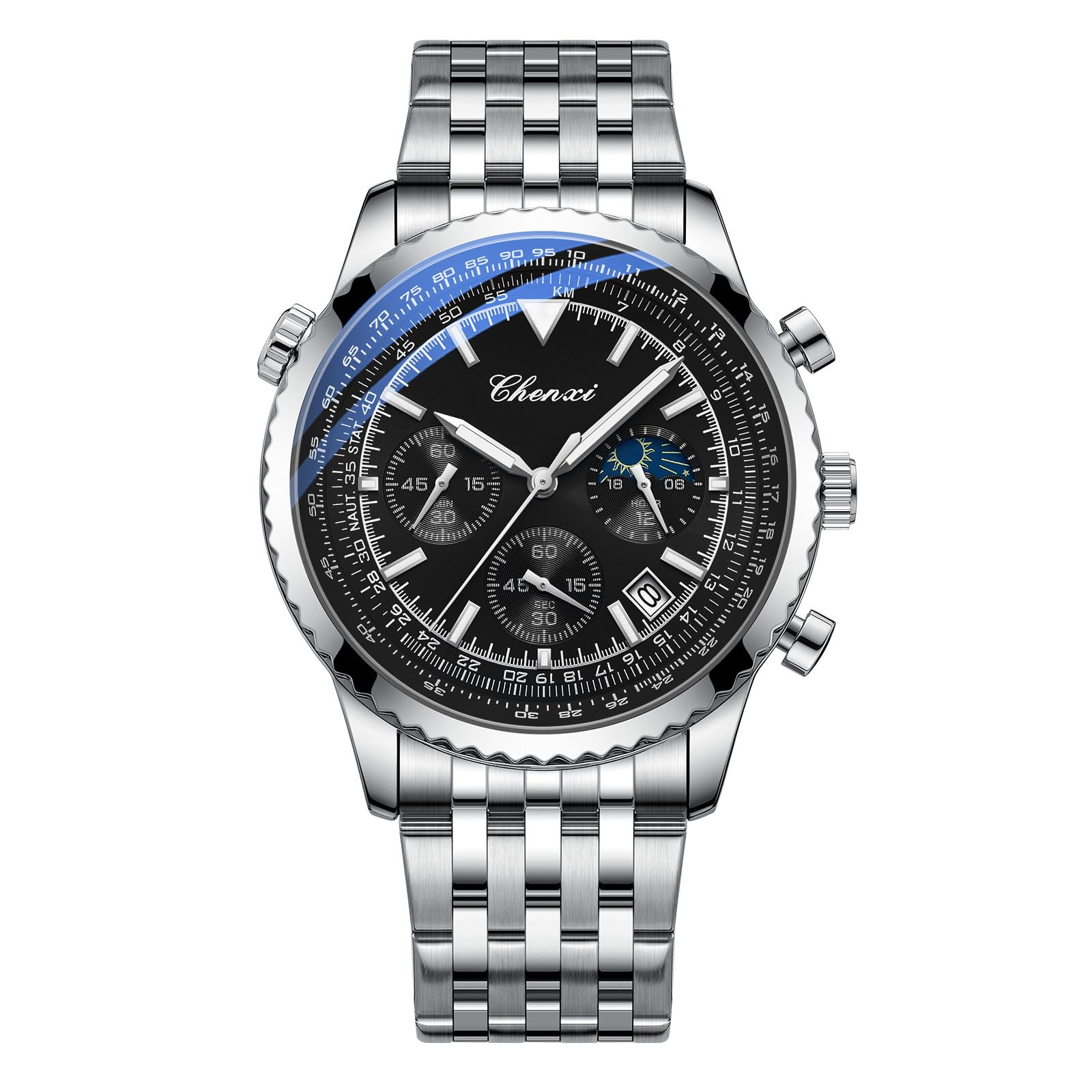 Oidea Orologio multifunzione da uomo: orologio da polso analogico al quarzo con quadrante multiplo, impermeabile, con calendario luminoso, cronografo, da lavoro, con cinturino in acciaio inox