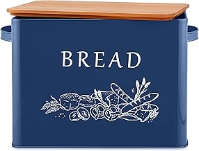 E-far Bread Box for Kitchen Countertop, Metal Bread Storage Container Bin with Bamboo Lid for Cutting Bread, Extra Large & Farmhouse Style, 13” x 7.2” x9.8”, Navy Blue