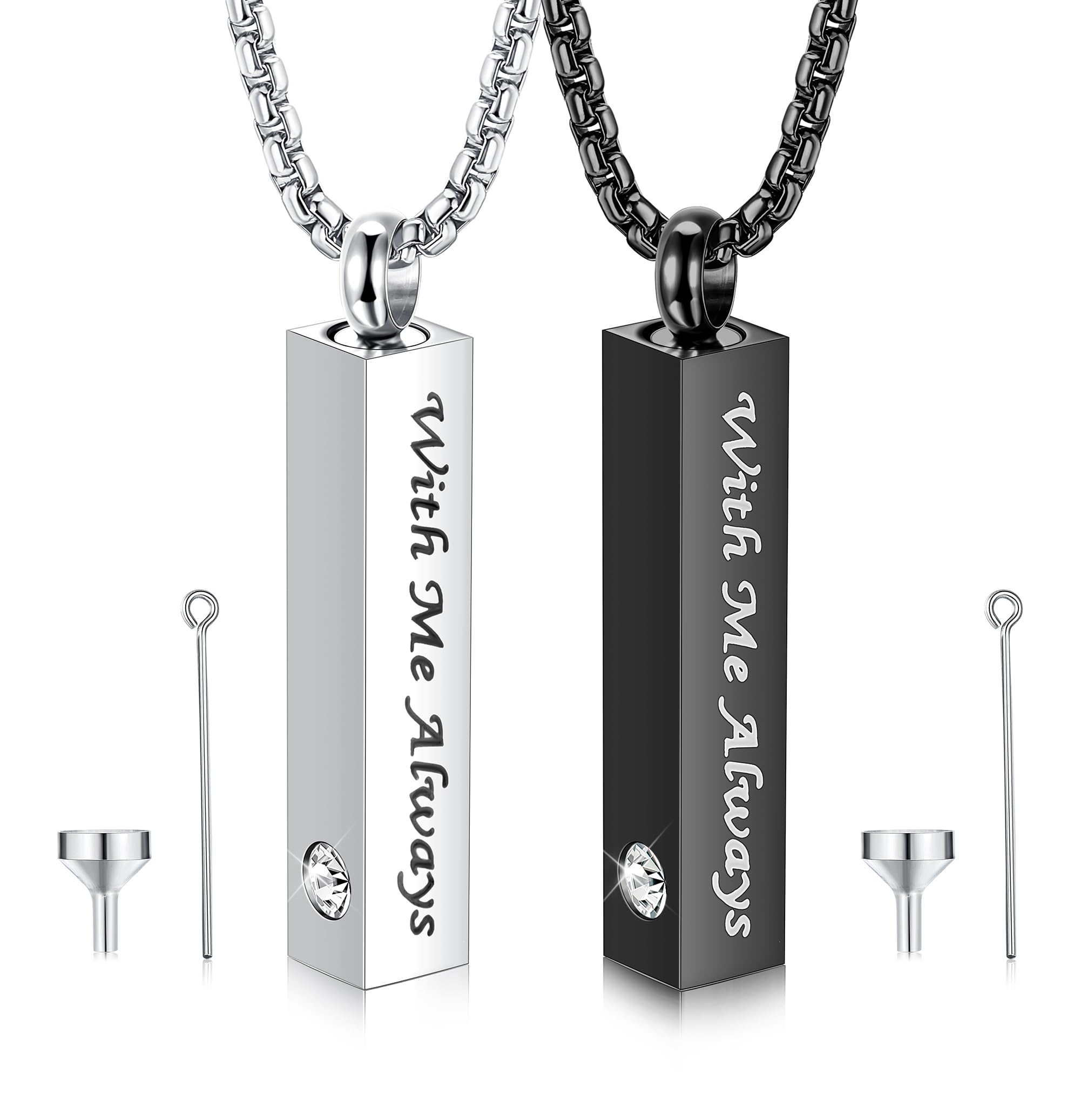 2 Pcs Urn Necklace for Ashes Men Women Keepsakes for Ashes Black Silver Stainless Steel Bar Pendant Necklace Memorial Cremation Jewelry for Lost Love with Engraved Saying