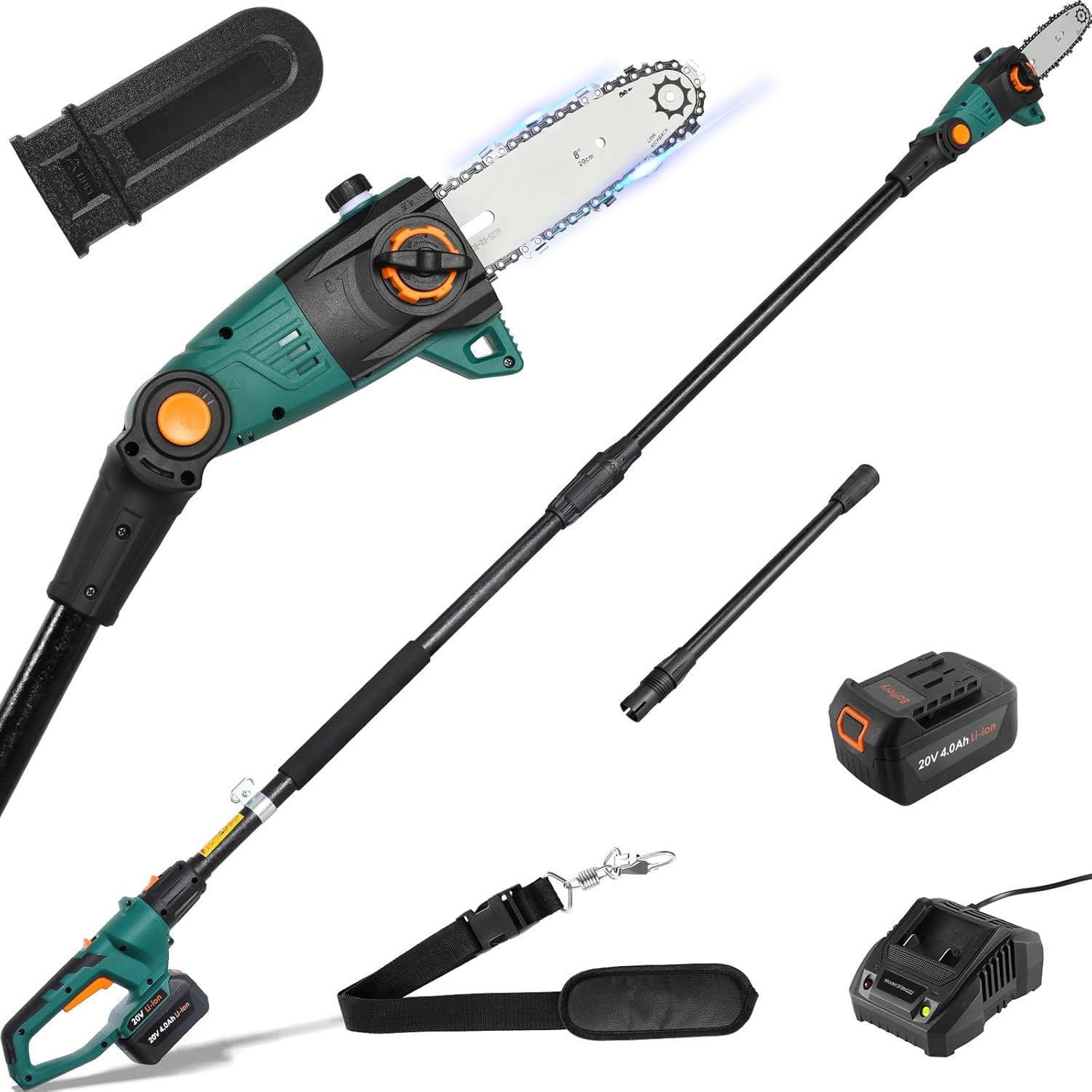 Élagueur sur Perche sans Fil, Perches Élagueuses Électrique, avec Tube d'Extension, Batterie Li-Ion 20 V 4 Ah/Chargeur, Longueur de Lame 20 cm, Vitesse de Chaîne 5 m/s, Tête Inclinable, Portée 4 m