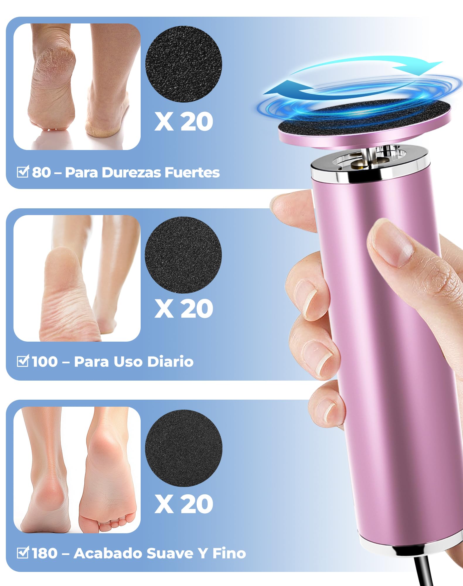 Lima Eléctrica para Pies con 60 Discos de Lija, Quita Durezas y Elimina Callos, Pedicura Profesional para Pies Suaves y Talones Agrietados, Máquina para el Cuidado de Pies en Casa (Rosa)
