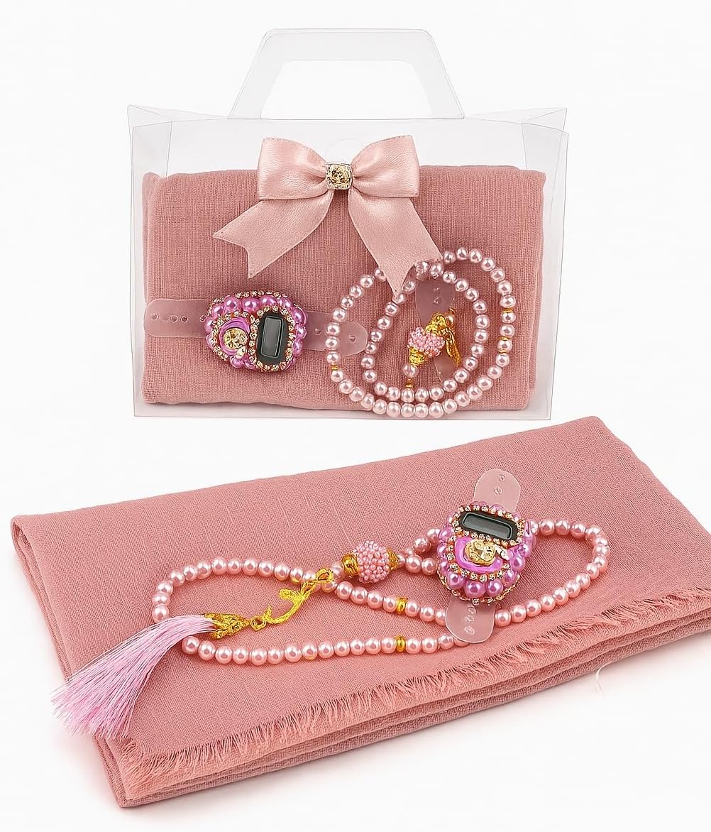 Premium Hijab Gift Set – 3-Piece Muslim Set with Chiffon Scarf, Prayer Beads (Tasbih) & Zikr Counter
