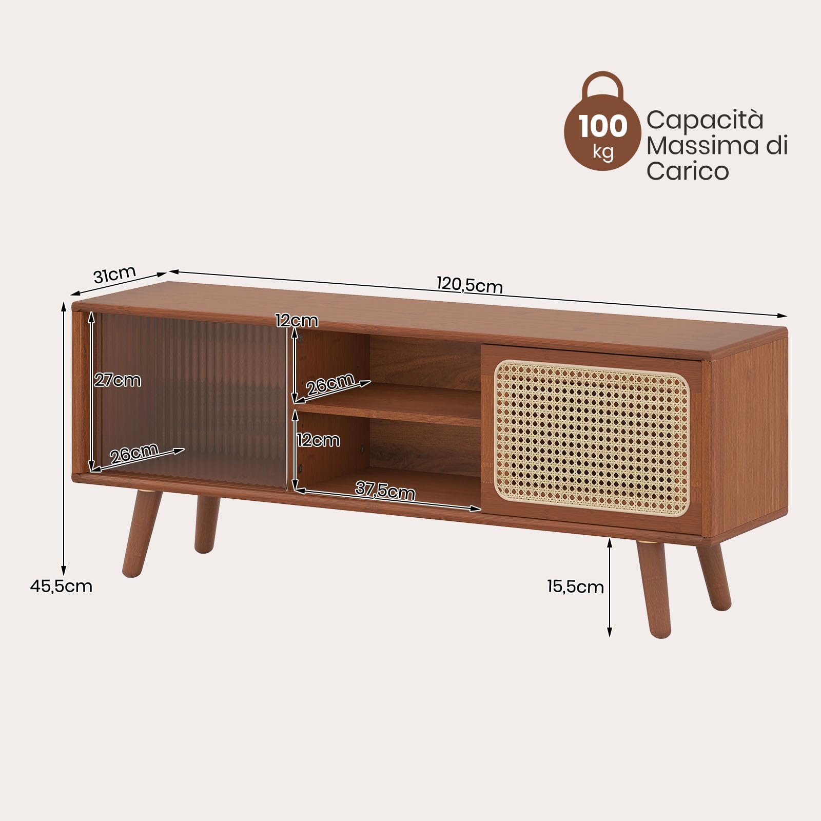 COSTWAY Mobile TV per TV Fino a 55", Mobile Porta TV Salloto, Mobiletto Soggiorno con 2 Ante Scorrevoli, Tavolo Consolle con Gambe in Legno Gamba, 120,5 x 31 x 45,5 cm (Marrone)